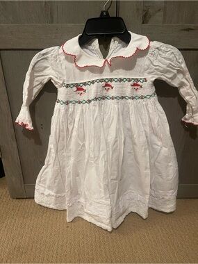 White Smocked Girls' Holiday Dress with Red Trim